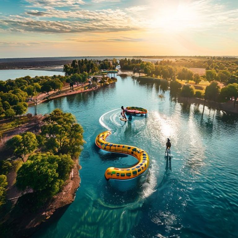 Aerial view of an adventure park in Texas with a floating aqua park and cable wakeboarding on a sunny summer day