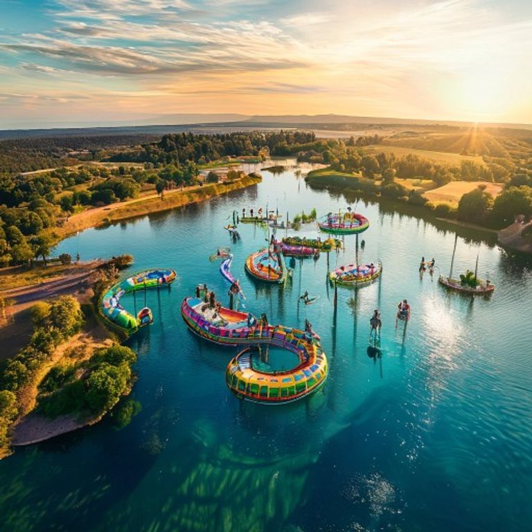 Families enjoying the best summer activities in Texas at an inflatable aqua park on a lake in New Braunfels