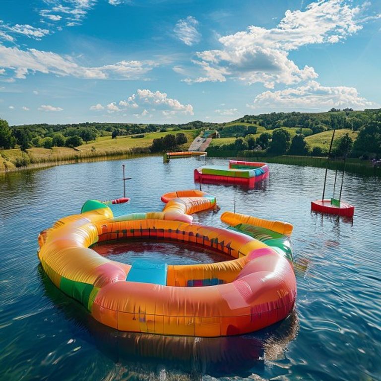 Colorful floating obstacle course on a Texas lake at Stoke Factory in New Braunfels with inflatable platforms and slides