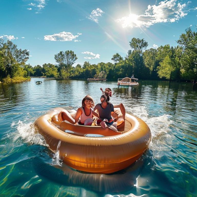 Couple enjoying fun date ideas in New Braunfels on the floating aqua park at Stoke Factory
