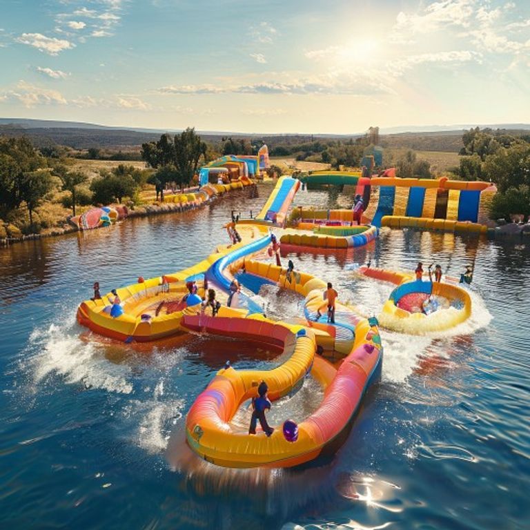 Colorful inflatable playground on water at The Stoke Factory aqua park in New Braunfels, Texas