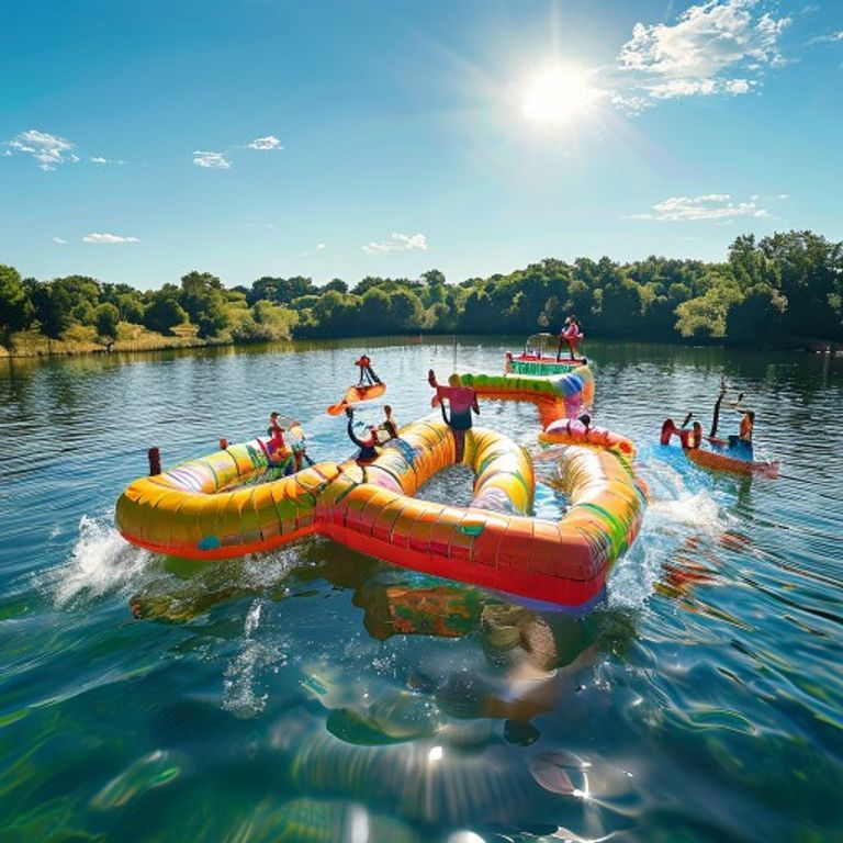 Families enjoying lake activities in Texas on a floating inflatable aqua park at Stoke Factory in New Braunfels