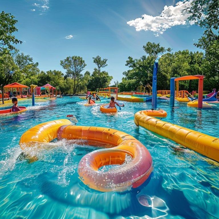 Families enjoying outdoor family activities in Texas at an inflatable aqua park on a sunny summer day