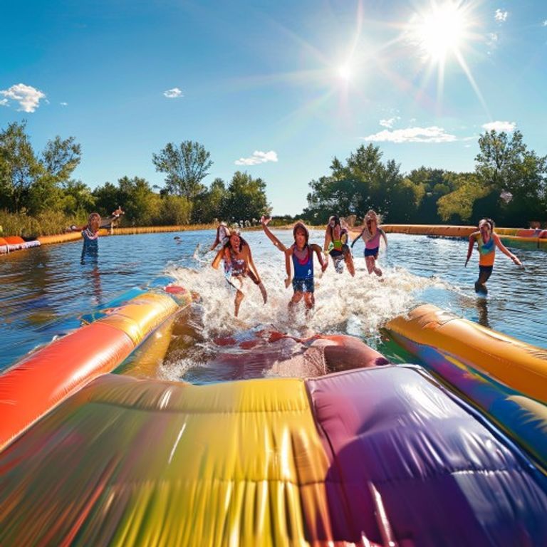 Teens playing on floating inflatable obstacle course at Stoke Factory — teen activities in New Braunfels Texas