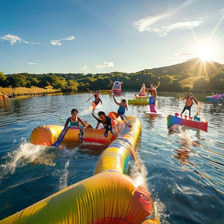Families and teens enjoying things to do this weekend in New Braunfels on the inflatable aqua park at The Stoke Factory