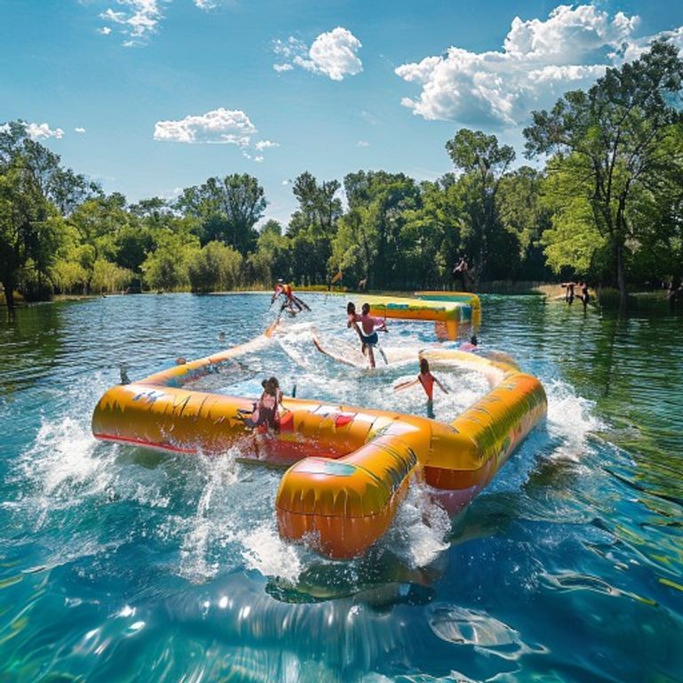 Inflatable aqua park on a lake offering exciting water activities near San Antonio at Stoke Factory in New Braunfels Texas
