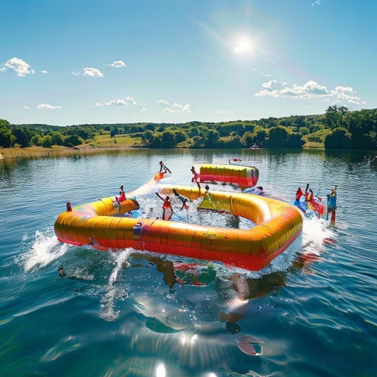 Colorful floating water obstacle course in Texas on a sunny lake at Stoke Factory in New Braunfels