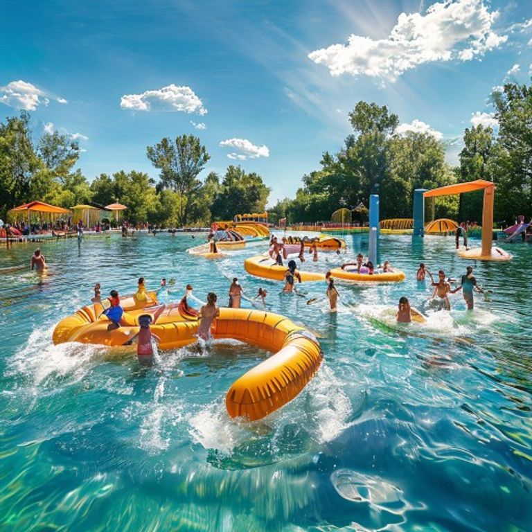 Families enjoying weekend activities in New Braunfels at an outdoor inflatable aqua park on a sunny Texas lake